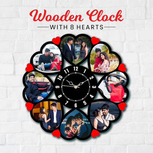 Wooden Clock with 8 Hearts