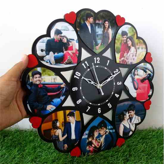 Wooden Clock with 8 Hearts